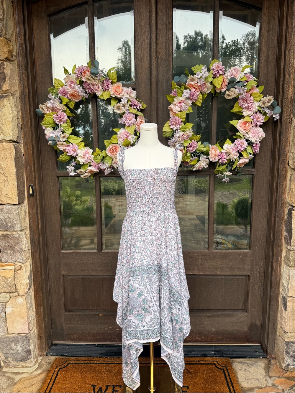 Kaari Blue Light Blue and Pink Floral Handkerchief-Hem Sundress
